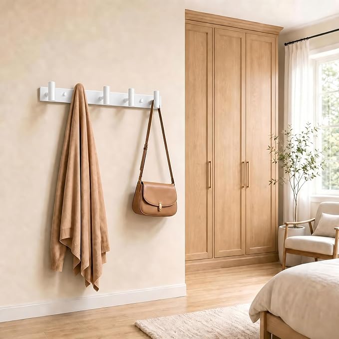 Wall Mounted Coat Rack-5 Hooks, Heavy Duty Stainless Steel Wall Hooks for Towel Coat Bag, Hat Rack Coat Hanger Coat Hooks Towel Racks for Bathroom Entryway Kitchen Hotel Office (White, 1 Pack)