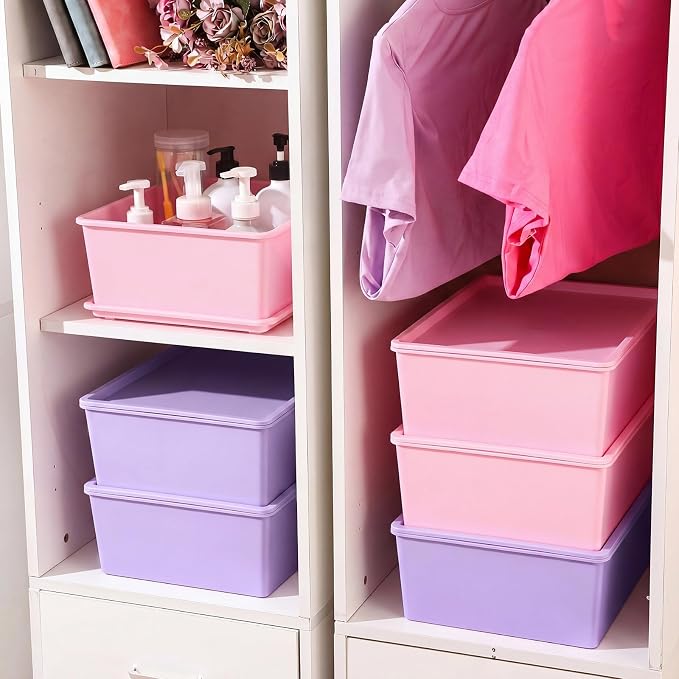 6 Pcs Large Plastic Storage Bins with Lids 14.4 x 10.4 x 5.1 Inch Stackable Storage Containers Decorative Cubby Organizer for Clothes Shelves Garage Closet Office (Pink, Purple)