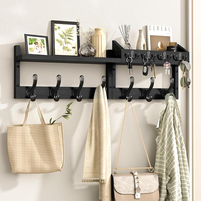 Evermagin 29" Coat Rack Wall Mount with Shelf & 11 Hooks, Entryway, Black | 4-in-1: coat hooks, key hanger, mail holder & display shelf. Pine wood. For bedroom, hallway, mudroom, livingroom