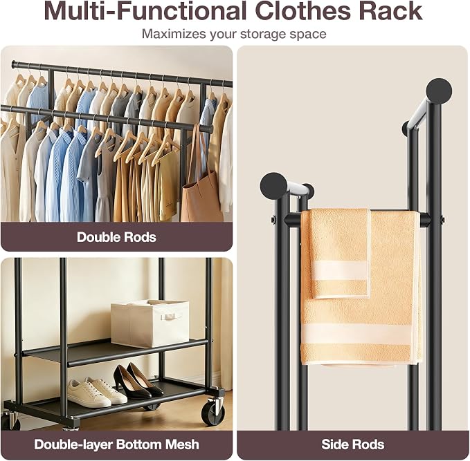 Portable Clothes Rack Rolling Garment Rack with Wheels 260LBS Black | Clothing Rack Hanging Clothes,Closet Rack Double Shelves Double Rods, Metal Garment Rack for Bedroom Laundry Living room