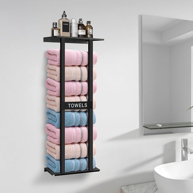 Bathroom Towel Storage Rack, Wall Mounted Bathroom Towel Rack, 30 inch Heavy Duty 6 Large Towels, Wall Mounted Towel Rack for Rolled Towels, Black