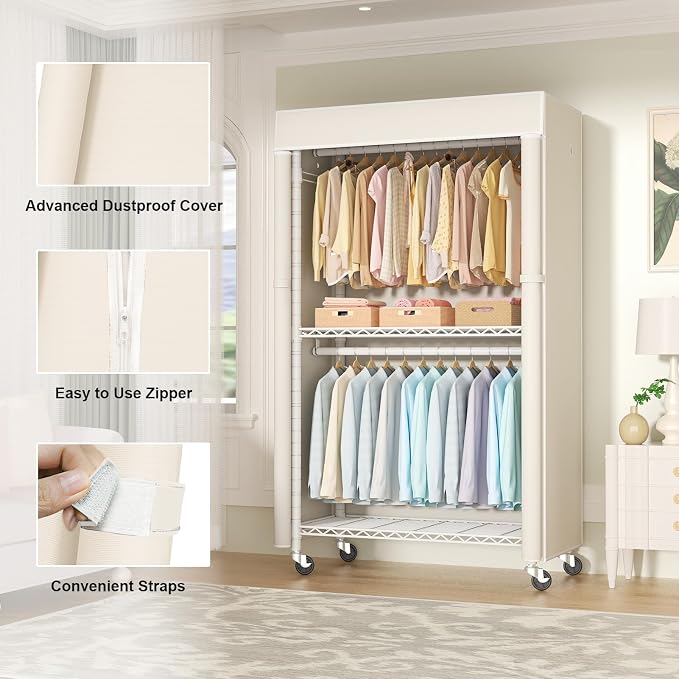 White Clothing Rack with Beige Cover, P1C Rolling Closets with Wheels, Metal Garment Rack for Hanging Clothes, Clothing Storage Wardrobe, 36.2" W x 16.5" D x 80.5" H, Load 450 Pounds