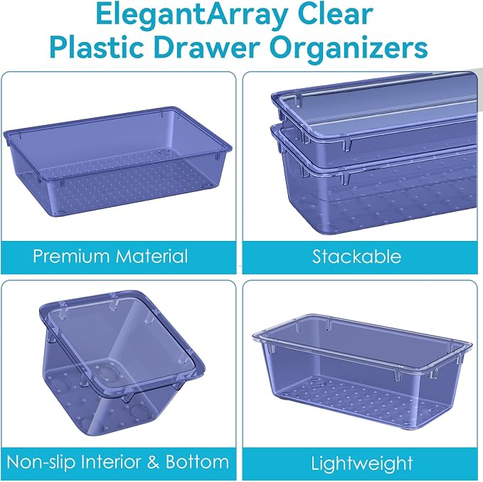 12 PCS Drawer Organizer Set, Makeup Organizer, Tool Storage Tray, Navy Blue | 4 Sizes, Plastic, Stackable, Multiple Gadgets, Desk Drawer Divider Organizers, for Makeup, Office Supplies Storage
