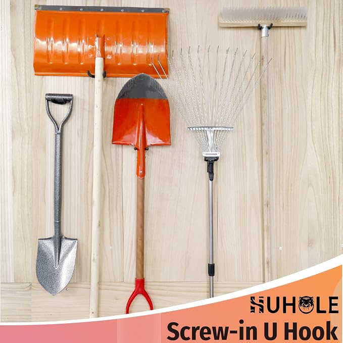 HUHOLE 16 Pack Screw in U Hooks Wall Organizers | Utility Hangers with 20 lb Capacity for Garden Tools, Mops, Brooms, Rakes, Hoses, Extension Cords and Home Items