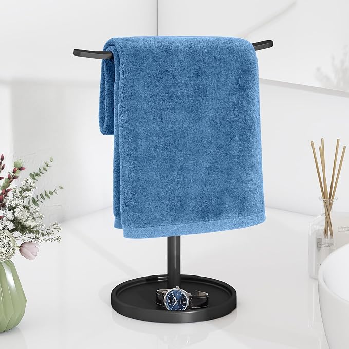 STWWO Hand Towel Holder, Stainless Steel Towel Holder Stand for Bathroom, Kitchen Countertop, T-Shaped Hand Towel Rack Stand, Black