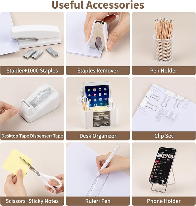 White Desk Organizers and Accessories 12+1Pcs, Office Supplies for Desk, Pen Organizer with 2 Drawers with Stapler,1000 Staples, Phone Holder, Tape Dispenser, Pen Holder, Sticky Note,Clips,Ruler,Etc