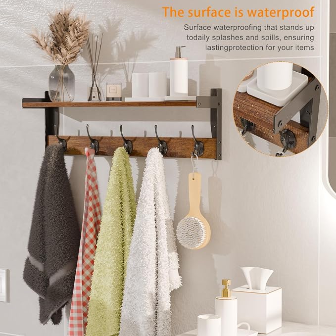 Coat Rack with Wall Mount, 23 Inch Long Entryway Wall Shelf with Hooks, Wood Hanger with Storage Shelf for Bathroom, Hallway, Rustic Brown