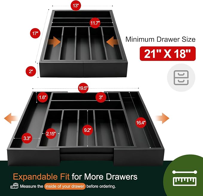Large Premium Bamboo Silverware Organizer - Expandable Drawer Organizer & Utensil Organizer - 17"x19.7" Cutlery Tray with Dividers for Kitchen Utensils and Flatware (7-9 Slots) (Black)