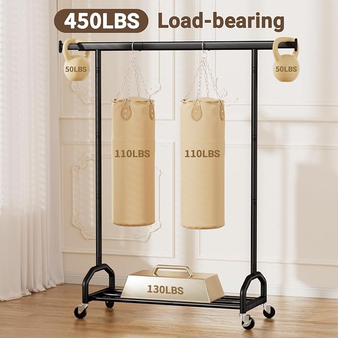 Heavy Duty Rolling Clothing Rack, 450 lbs Capacity Metal Clothes Rack with Wheels, 65" Tall Freestanding Hanging Rack for Bedroom, Laundry Room, Retail Display, Black