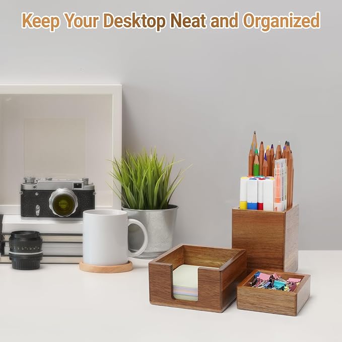 RAWILL 3 PCS Brown Wooden Desk Organizer Set Pine Wood Office Desk Accessories with Pen Holder, Paperclip Storage and Sticky Note Holder, Wood Grain Clear, Ideal Gift for Office and Family