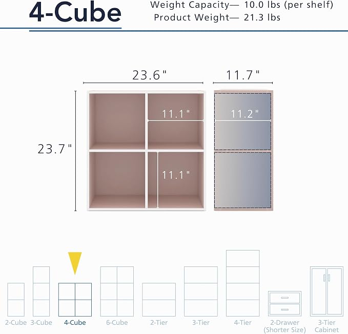 Homes: Inside + Out Apexa 4-Cube Storage Organizer Shelves, Stackable Wood Bookcase Fits Cubby Bins for Organization, Dorm Teen Room Decor & Home Office, Light Pink