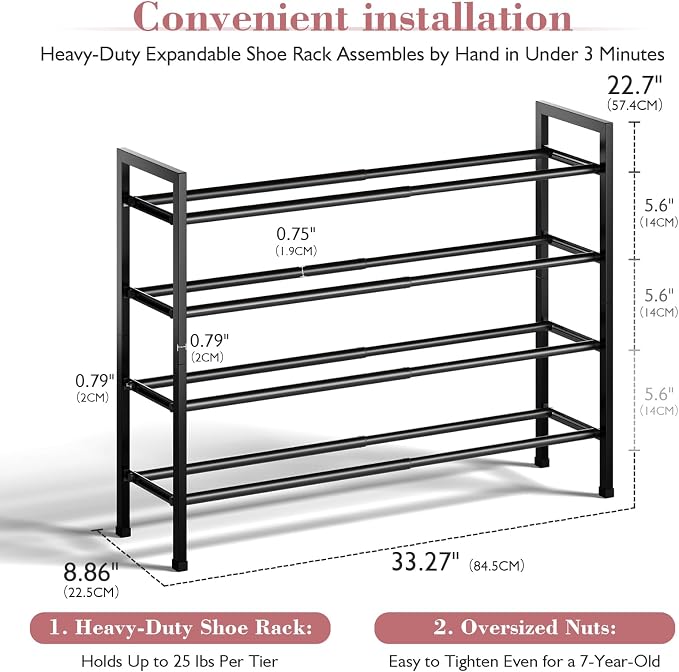 Bumusty 4 Tier Expandable Shoe Rack for Closet, Black | 18"-33" Adjustable Shoe Rack for Entryway, Small Shoe Organizer for Dorm, Front Door, Sturdy Metal