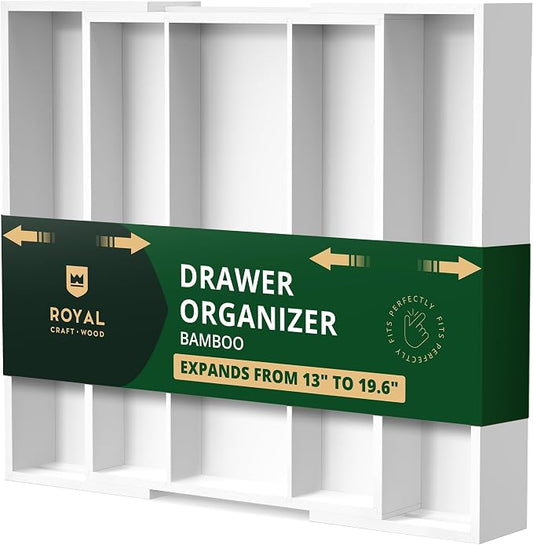 ROYAL CRAFT WOOD Luxury Bamboo Kitchen Drawer Organizer - Silverware Organizer - Utensil Holder and Cutlery Tray with Grooved Drawer Dividers for Flatware and Kitchen Utensils (5 Slot, White)