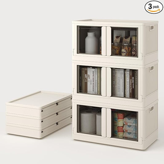 FLEXIMOUNTS 228 QT Stackable Plastic Storage Bins With Lids, Milky White | Collapsible Foldable Storage Bins with Front Doors and Built-in Wheels, Organizers and Storage for Home, Dorm, 3 Pack Cubes