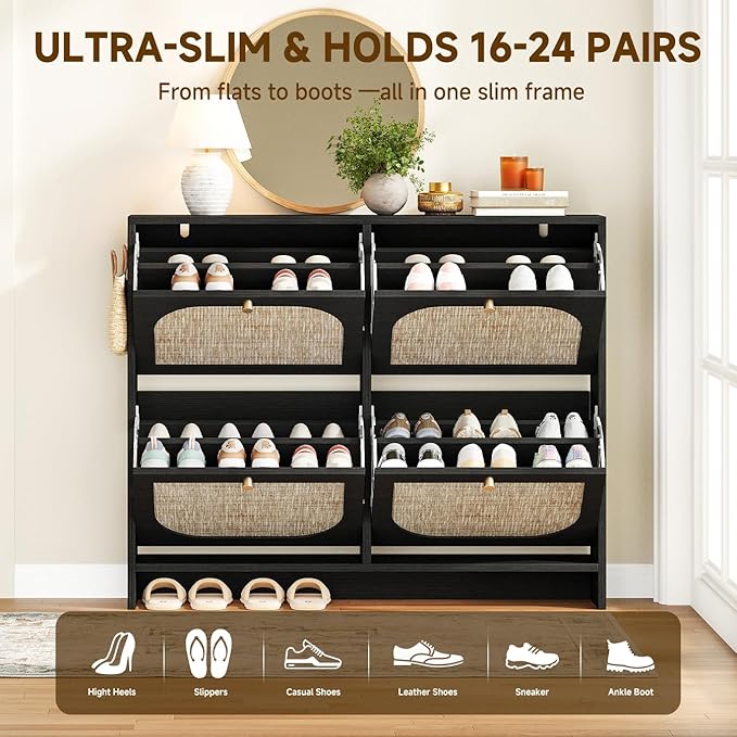 Nicetree Rattan Shoe Cabinet for Entryway, 9.5" Ultra-Thin Narrow Shoe Rack with 4 Flip Drawers, Boho Slim Shoe Storage Organizer with Adjustable Shelves, Anti-Tip Safety, Fits Size 13 Men's Boots