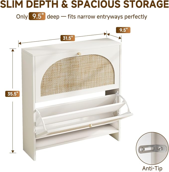 Nicetree Shoe Cabinet Storage for Entryway Slim 9.5" Freestanding Floor Base Shoe Storage Cabinet, 2 Flip Drawers with 3-Position Adjustable Divider, Holds 16-24 Pairs, Cream White