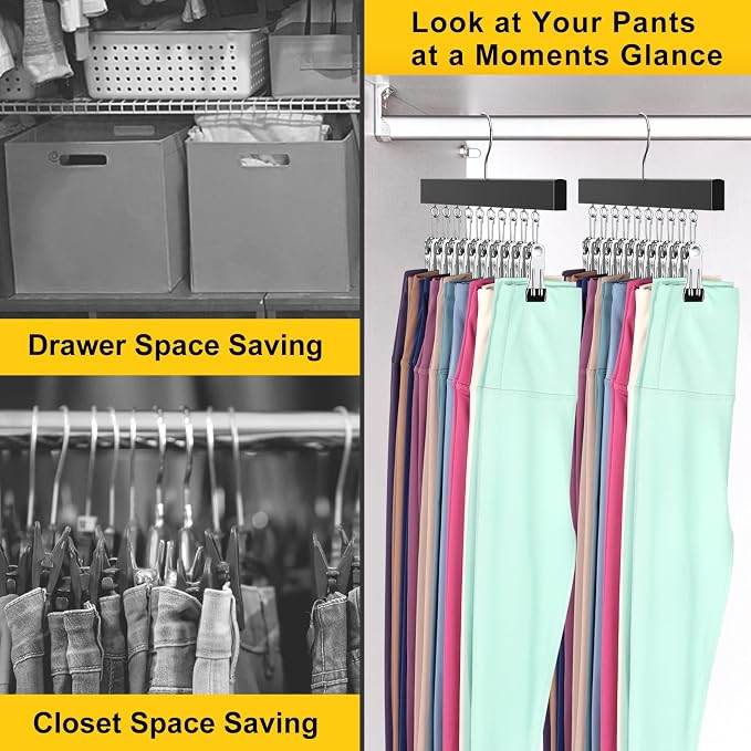Legging Organizer for Closet, Pants Hangers with Clips | Holds 20 Leggings, Jeans, Hats, Shorts, Socks, 360° Rotating Space Saving Hanging Lightweight Garment Hanger Storage 2Pcs