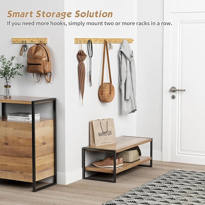Forbena Natural Wood Coat Rack Wall Mount Set of 4, Wooden Wall Hooks for Bathroom Towels, Vertical Coat Hanger for Kids Room, Boys Girls Bedroom, Office, Entryway Keys Hats and Shoes -16 Hooks