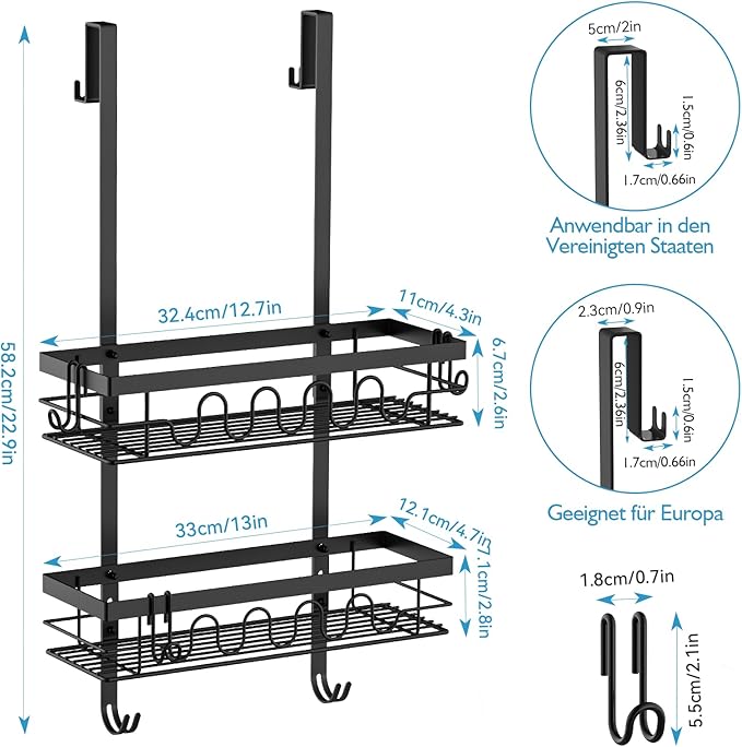 Over the Door Shower Caddy Hanging, Rustproof Hanging Shower Organizer for Glass Door, No Drilling Adjustable Shower Shelves for inside shower with 4+3 Hooks, Suitable for Kitchen/Bathroom/Balcony
