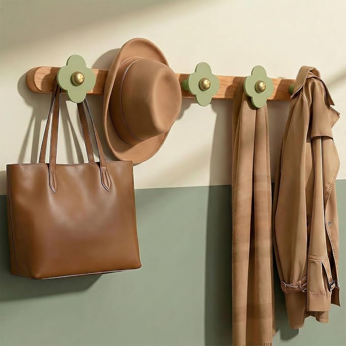 Tindbea Upgreded Heavy Duty Coat Rack Wall Mount for Entryway, Kids' Room | Cheery Wood, Green, 5 Hooks