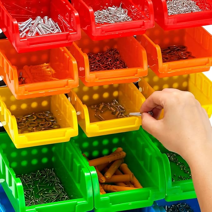 30-Bin Wall Mounted Storage Bins Kit, Tool Organizer Rack, Garage Hardware Organizer, 5 Color Parts Storage Bins, DIY Combination