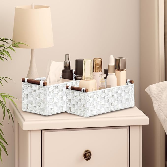 Vagusicc Wicker Storage Basket, Set of 2 Hand-Woven Paper Rope Wicker Basket for Organizing with Handle Decorative Storage Bins for Counter Pantry Shelves Toilet Paper Basket for Toilet Tank Top,White