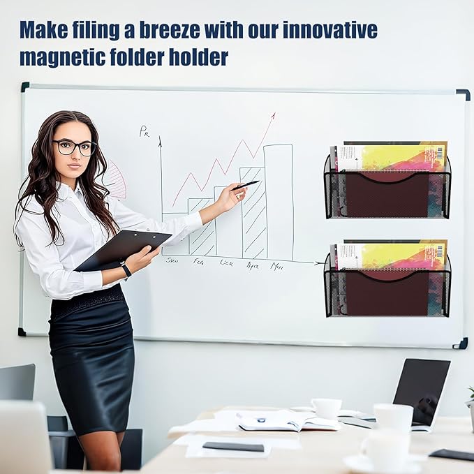 Magnetic File Holder 2 Pockets File Folder Organizer, Office Hanging Magazine Rack for Refrigerator, White Board, No Drilling Paper Document Holder Mail Organizer for File Cabinets