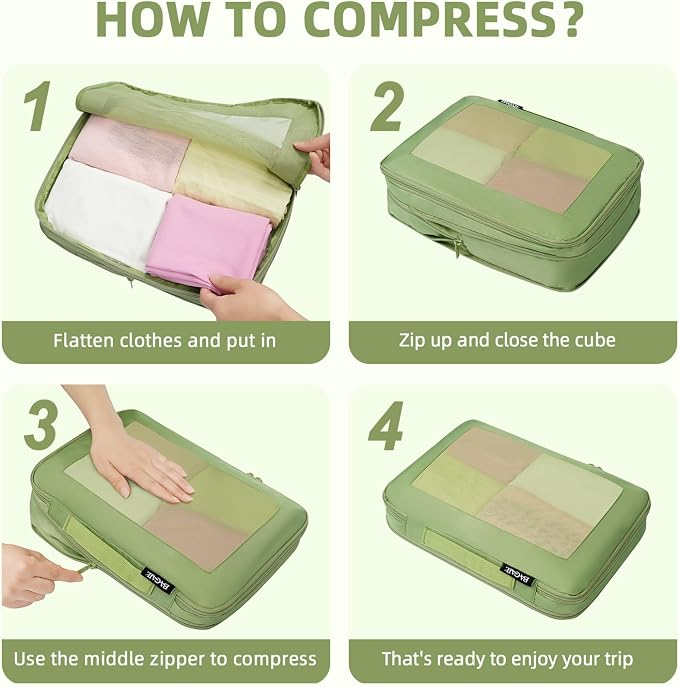 BAGAIL 4 Set/6 Set/8 Set Compression Packing Cubes Travel Accessories Expandable Packing Organizers (Square Mesh, 06-Matcha Green)