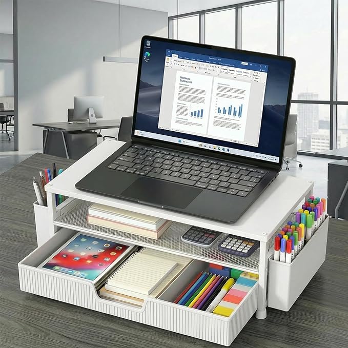 ECOLOVI Desk Organizer and Accessories, 2-Tier Computer Monitor Stand Rise with Storage Drawer & 2 Pen Holders, Laptop & Printer Stand for Desktop, Workspace Organizers for Office Supplies (White)