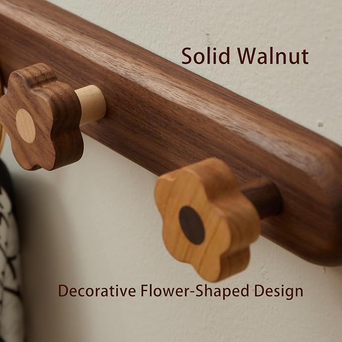 Kids Coat Rack Wall Mount - Wood Cute Flower Coat Hooks for Hanging Clothes,Purse,Robe,Towels,Backpack,Modern Decorative Walnut Wall hooks Heavy Duty Hanger for Girls Nursery,Bathroom,Entryway&Bedroom