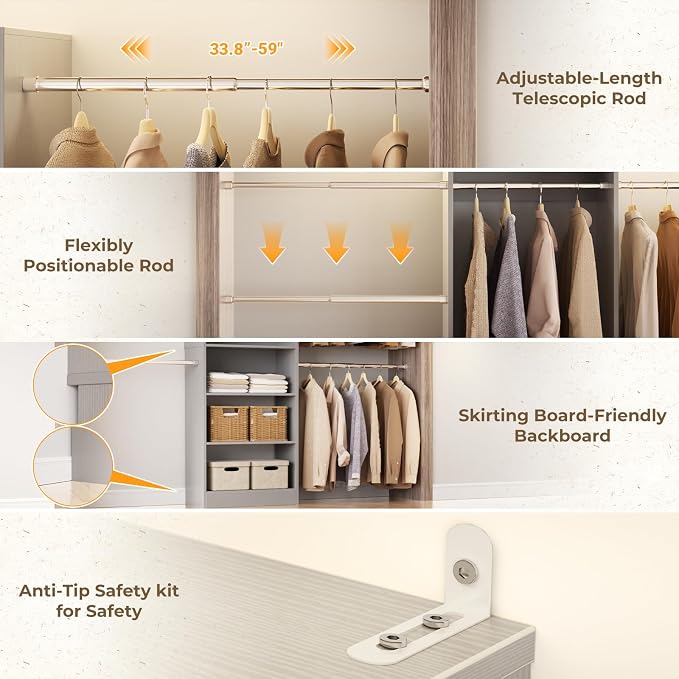 Closet System, 4.5-11.5 Ft Expandable Closet Organizer, Gray | 5 Hanging Rods, Walk-in Wood Closet Organizer System with Storage Tower, Heavy Duty Garment Rack Wardrobe for Bedroom