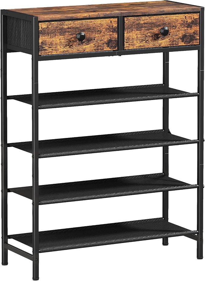 5 Tier Shoe Rack with 2 Drawers, Rustic Brown | Holds 16-20 pairs. Fabric shelves prevent dust. Drawers for small items. 20-min assembly with clear guide.