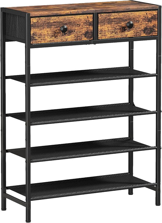5 Tier Shoe Rack with 2 Drawers, Rustic Brown | Holds 16-20 pairs. Fabric shelves prevent dust. Drawers for small items. 20-min assembly with clear guide.