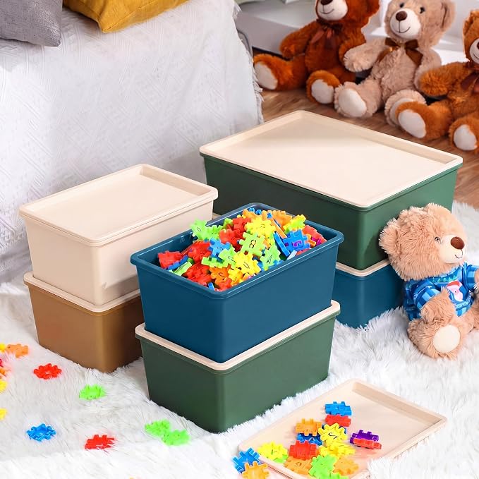 6 Pcs Large and Small Plastic Storage Bins with Lids 14.4 x 10.4 x 5.1 Inch Stackable Storage Containers Decorative Cubby Organizer for Clothes Shelves Garage Closet Office (Neutral color)