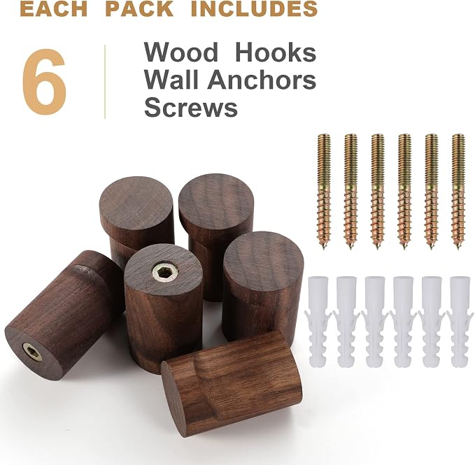 bsdonte Wood Wall Hooks 6 Pack, Natural Wooden Coat Hooks Wall Mounted, Handmade Rustic Hat Hooks Heavy Duty Entryway Wall Hangers for Hanging Towels, Clothes, Bags (Black Walnut Wood)