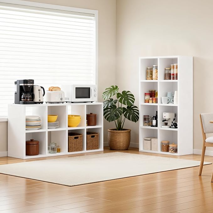 LUCKLIFE 8-Cube Storage Organizer, Stackable Modular Bookcase Shelf with Vertical or Horizontal Use, Fits 11×11" Bins, Optional Back Panels, for Living Room, Office, Off White