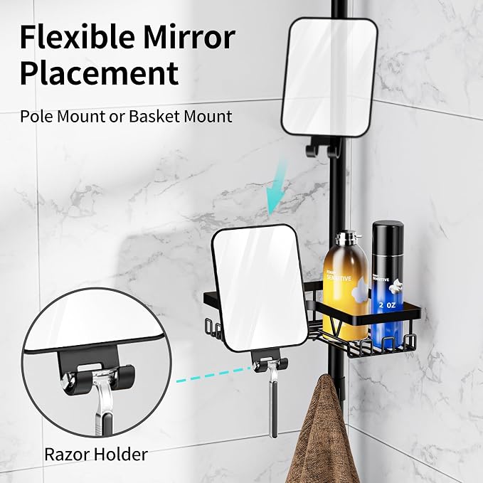 KEGII Shower Caddy Tension Pole, Fogless Mirror Bathroom Organizer, Black | Rustproof Corner Storage with Adjustable 25-114.2 inch Rod, No Drill Design for Shampoo and Shower Essentials