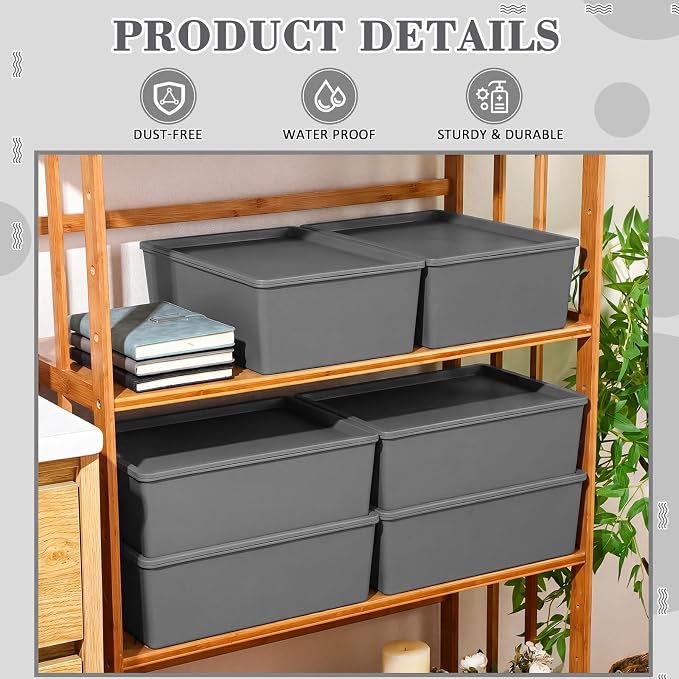 6 Pcs Plastic Storage Bins with Lids Stackable Storage Containers Durable Box Baskets for Organizing Shelves Playroom Classroom Office (Large,Grey)