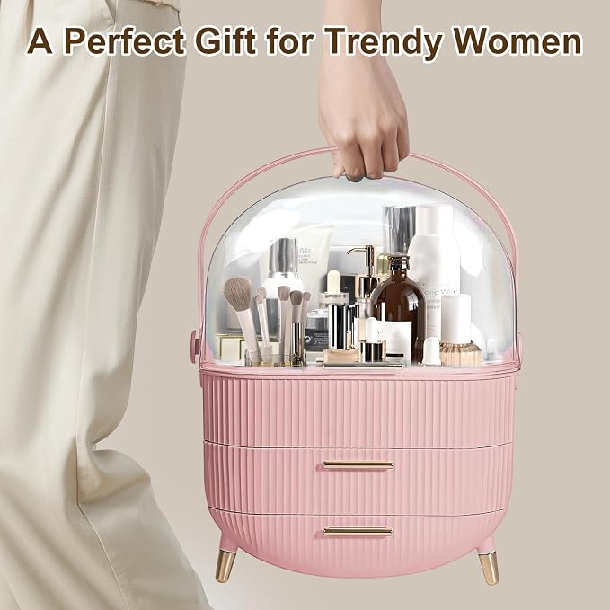 YGJT Make up Organizers and Storage, Makeup Organizer for Vanity, Cosmetics Skincare Organizers with Lid and Drawers, Cosmetic Display Cases for Countertop, Bathroom, Ideal Gifts for Women(Pink)