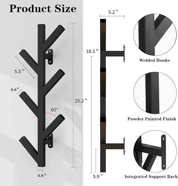 Vlush Wall Mounted Metal Coat Rack with 6 Hooks Modern Minimalist clothes rack, Upright Coat Rack for Hanging Clothes, Hats, Hanging Bags and Scarves Entrance Wall Iron Coat Racks (Black)