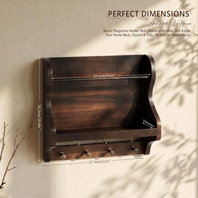 Acacia Wood Mail Organizer Wall Mount with 7 key Hooks Entryway, Dark Brown | Mail Holder for Wall, Key Rack for Keys and Wallets, Mail Holder, Farmhouse Magazine Holder, Wood Decor, Home Organization