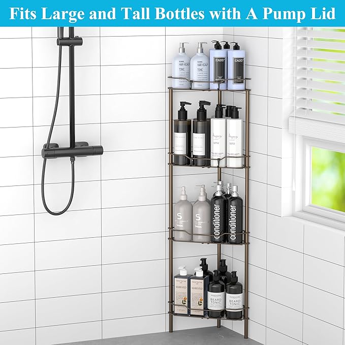 HuggieGems 4 Tier Floor Standing Corner Shower Caddy Organizer Shelf with Hooks, Bathroom Shelves Stand Rack, Bronze