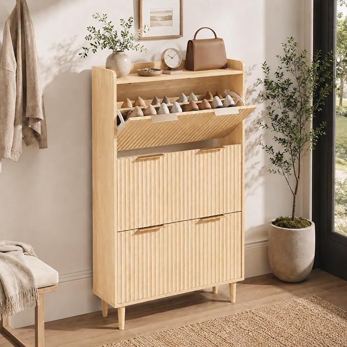 VINGLI Fluted Shoe Storage Cabinet for Entryway with 3 Flip Drawers, Narrow Shoe Organizer with Fluted Panel, Freestanding Wood Hidden Shoe Cabinet for Foyer, Hallway (Oak, 3 Flip Drawers)