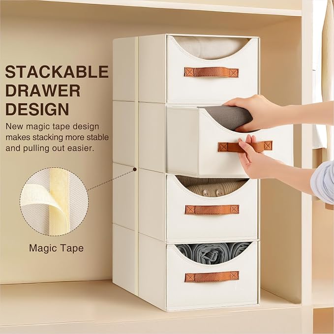 Stackable Storage Drawers - Collapsible Storage Bins with Drawers, 6 Pack Closet Shelf Organizer Basket, Fabric Pull Out Organizer for Bedroom, Living Room, Dorm, Beige