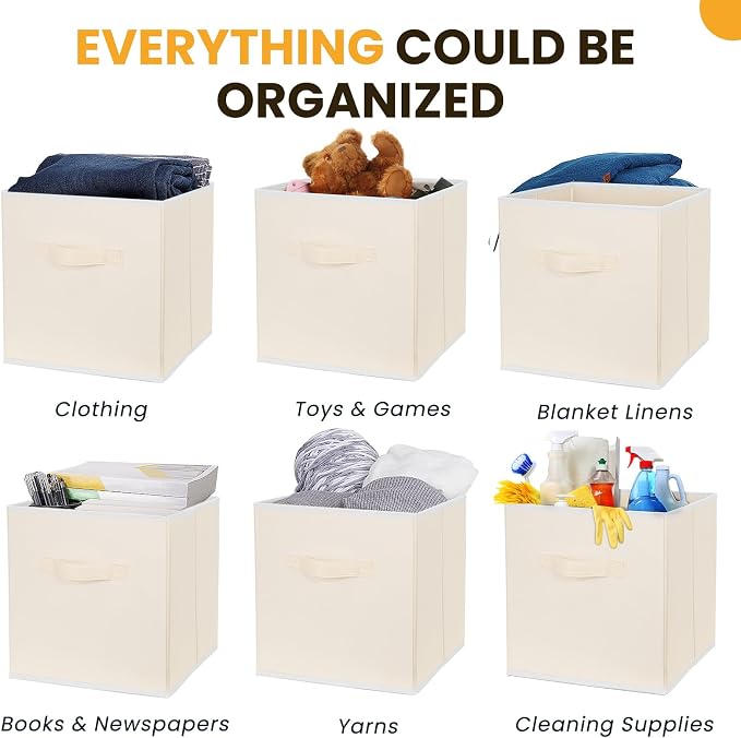 Criusia Large Storage Cubes, 13 Inch Cube Storage Bins for Shelves Closet Nursery Bedroom - 10 Pack Collapsible Storage Baskets with Handles - Fabric Bins for Organizing Magazines Clothes Toys (Beige)