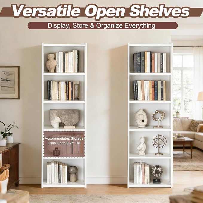 SUPER DEAL 5-Tier Open Shelf Bookcase and Bookshelf, Freestanding Display Storage Shelves Narrow Cube Storage Organizer for Small Spaces Kids Bedroom Living Room Home Office Apartment, 52 Inch, White
