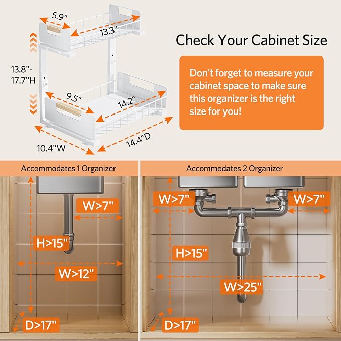 Delamu Under Sink Organizer Kitchen, 2-Tier Pull-Out Cabinet Shelf, 2-Pack | 2-Tier Smooth Slide, 5 Adjustable Heights, Anti-Tip Suction Cups, Sturdy Metal, For Kitchen Bathroom Pantry Laundry, White