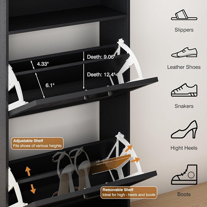 24" W Hidden Shoe Storage Cabinet with 2 Flip Drawers & Open Storage | Farmhouse Modern Shoes Rack Cabinet,Adjustable Shelves, Narrow Slim Shoes Organizer for Front Door Entrance, Entryway,Black