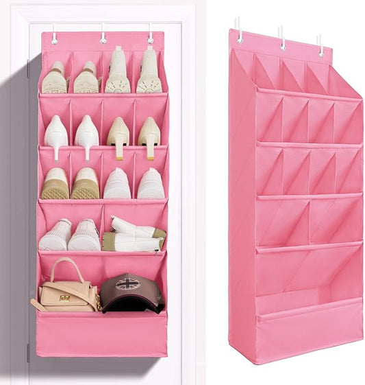 FENTEC 1 Pack Over-the-Door-Shoe-Organizers, Hanging Shoe Organizers with Large Pocket Shoe Holder Hanging Shoe Rack for Closet Shoes Organizer for Wall, Over Door Organizer with 15 Pockets Pink
