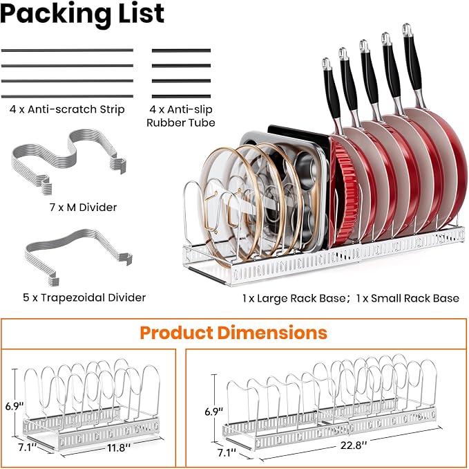 MUDEELA Expandable Pot Pan Lid Organizers inside Cabinet, 12 Divider-Silver | Expandable 11.8–22.9", 12 Adjustable Divider, Tool-Free Assembly, Non-Slip, Scratch-Proof, For Pan Lid Cutting Board Bakeware